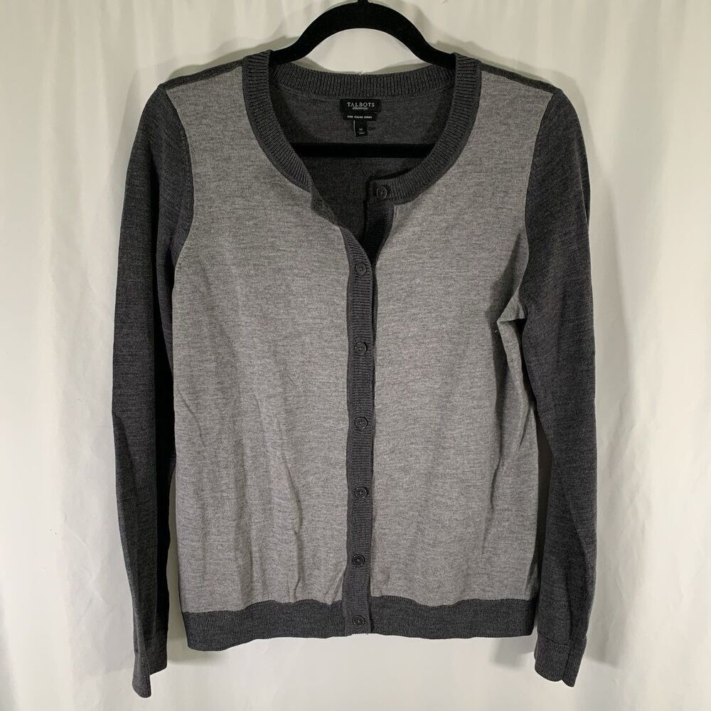 Talbots Cardigan Women's Medium Grey Button Front Pure Italian Wool Lightweight